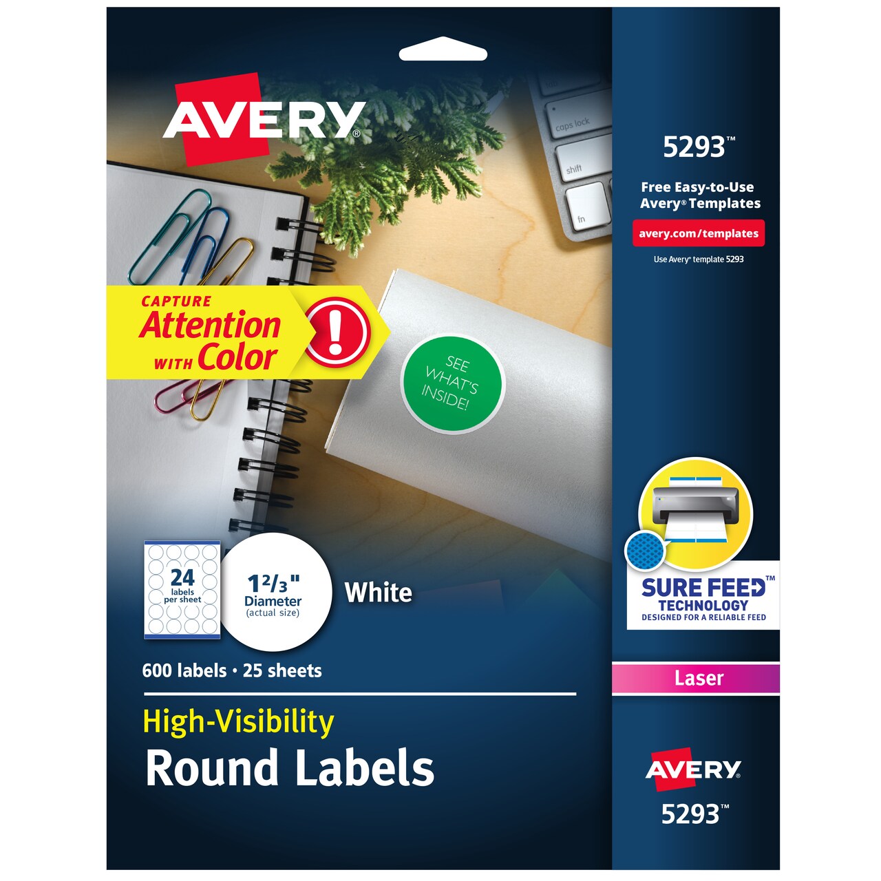 Avery High Visibility Round Labels with Sure Feed for Laser Printers, 1-2/3", 600 Labels (5293)
